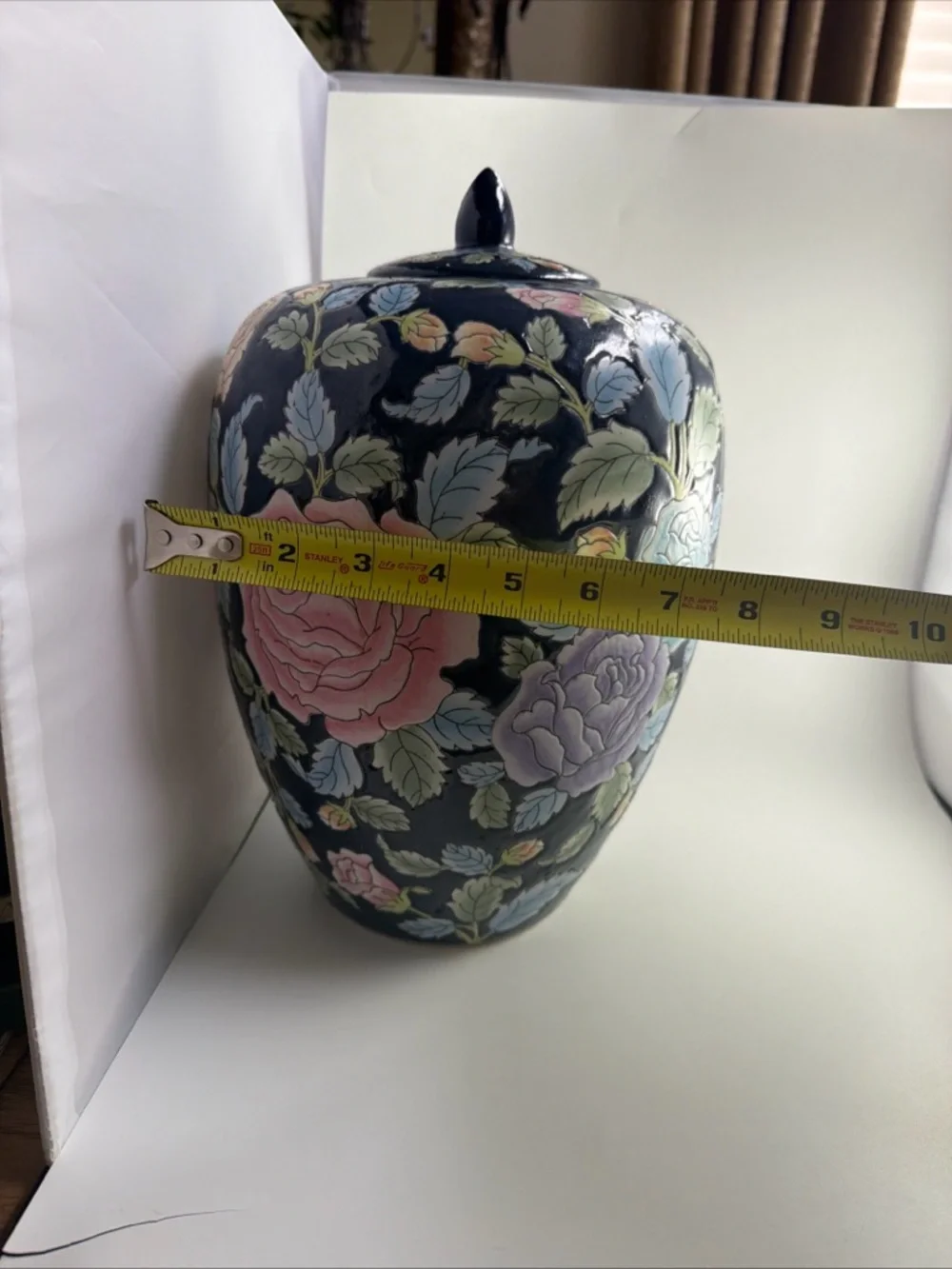 Vintage Chinese Ginger Jar with Lid Chinoiserie Flowers Large 12”